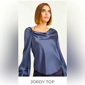 NWT! Cinq à Sept "Jordy" luxe Silk Cowl blouse Blue Shadow crossover strap Small